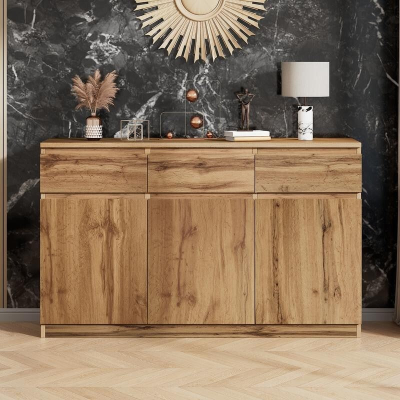 Oak Sideboard Buffet Cabinet with 3 Drawers 3 Doors Storage Unit 135cm