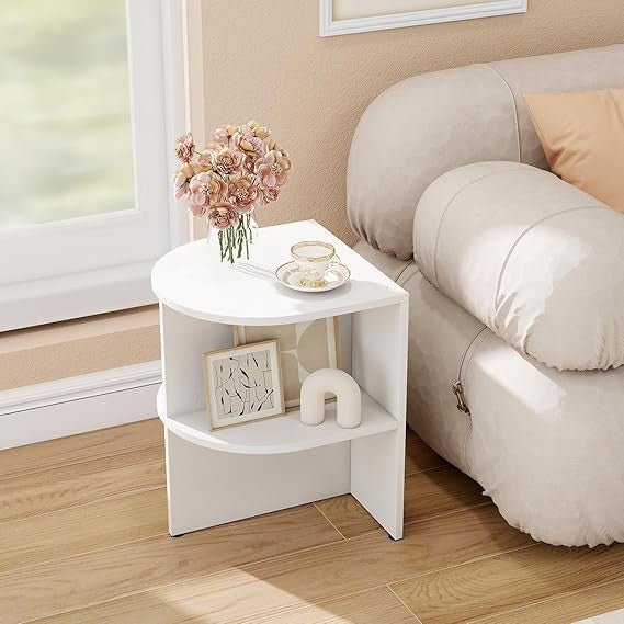 2x Half Round Side Tables | White 2-Tier Bedside Sofa End Tables with Shelves
