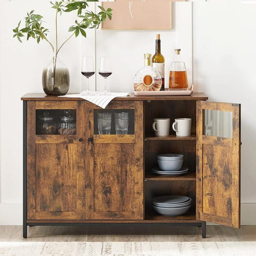 Rustic Sideboard Storage Cabinet with Glass Doors Industrial Buffet Unit