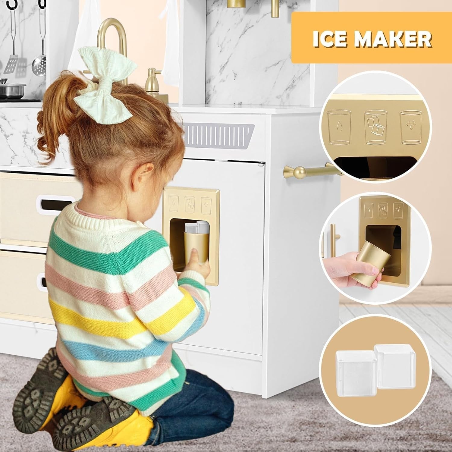 Large Wooden Kids Play Kitchen White Lights Sounds Toy Kitchen Set