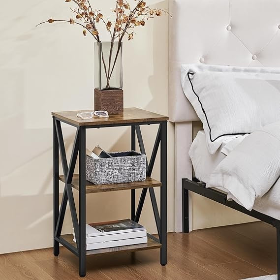 Rustic Brown 3-Tier Industrial Side Table | X-Frame Bedside Nightstand
