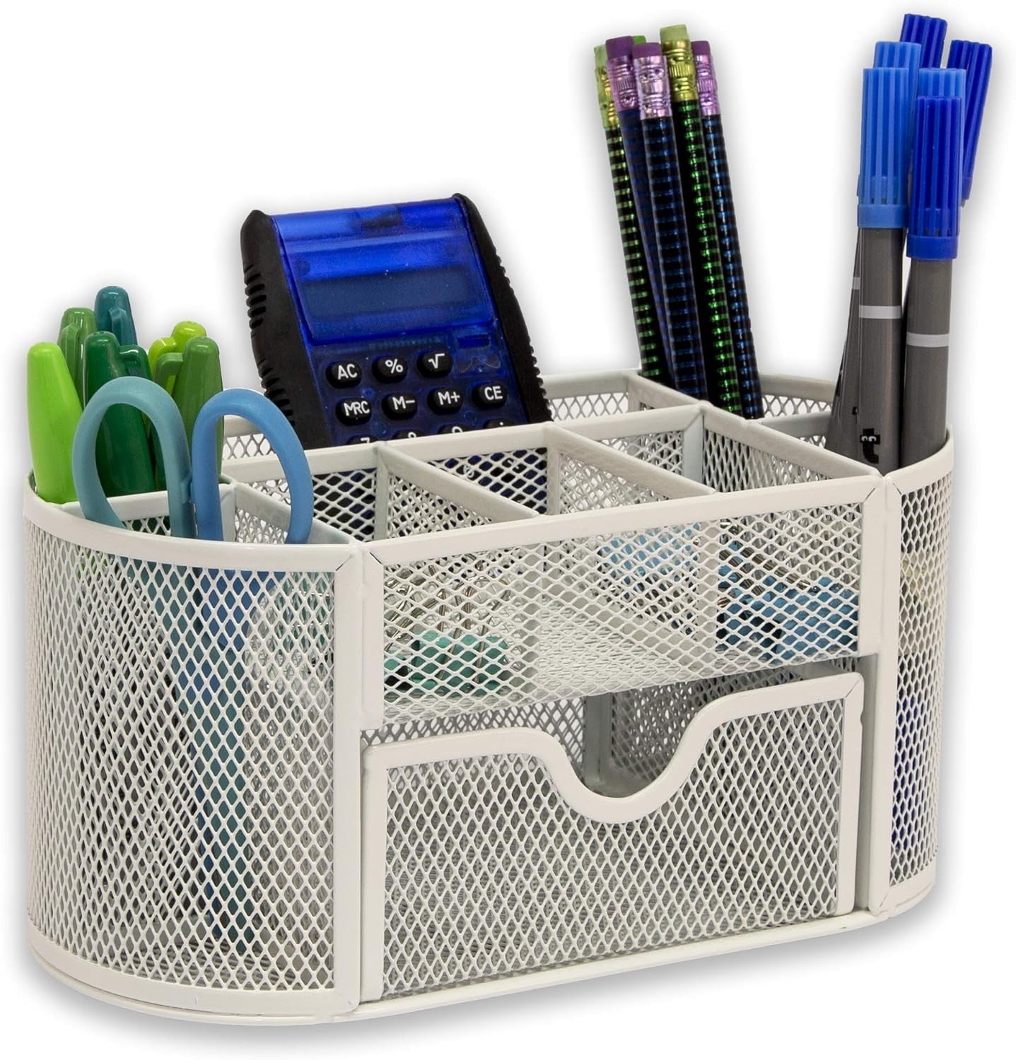 8-Compartment White Desk Organiser with Drawer – Pen & Stationery Tidy