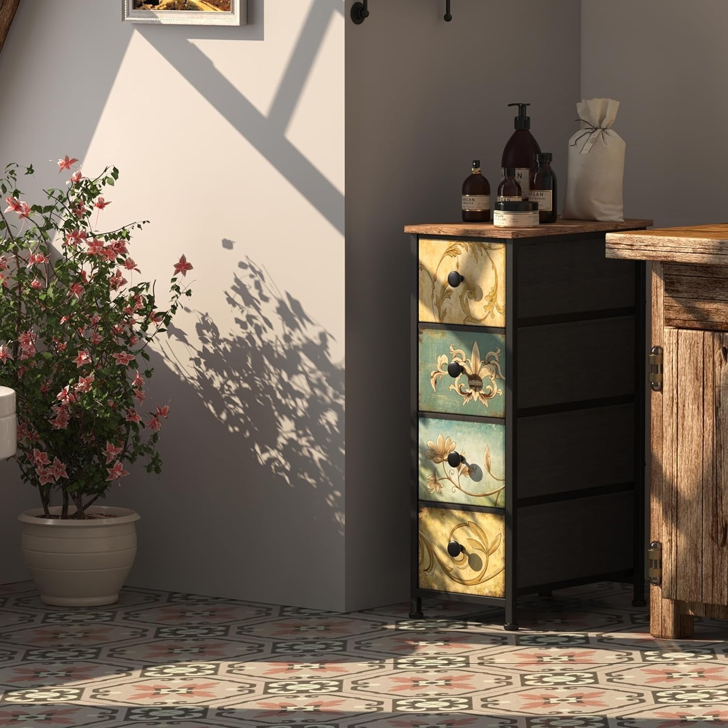 Slim Tall 4 Drawer Rustic Storage Cabinet Unit for Hallway Bedroom