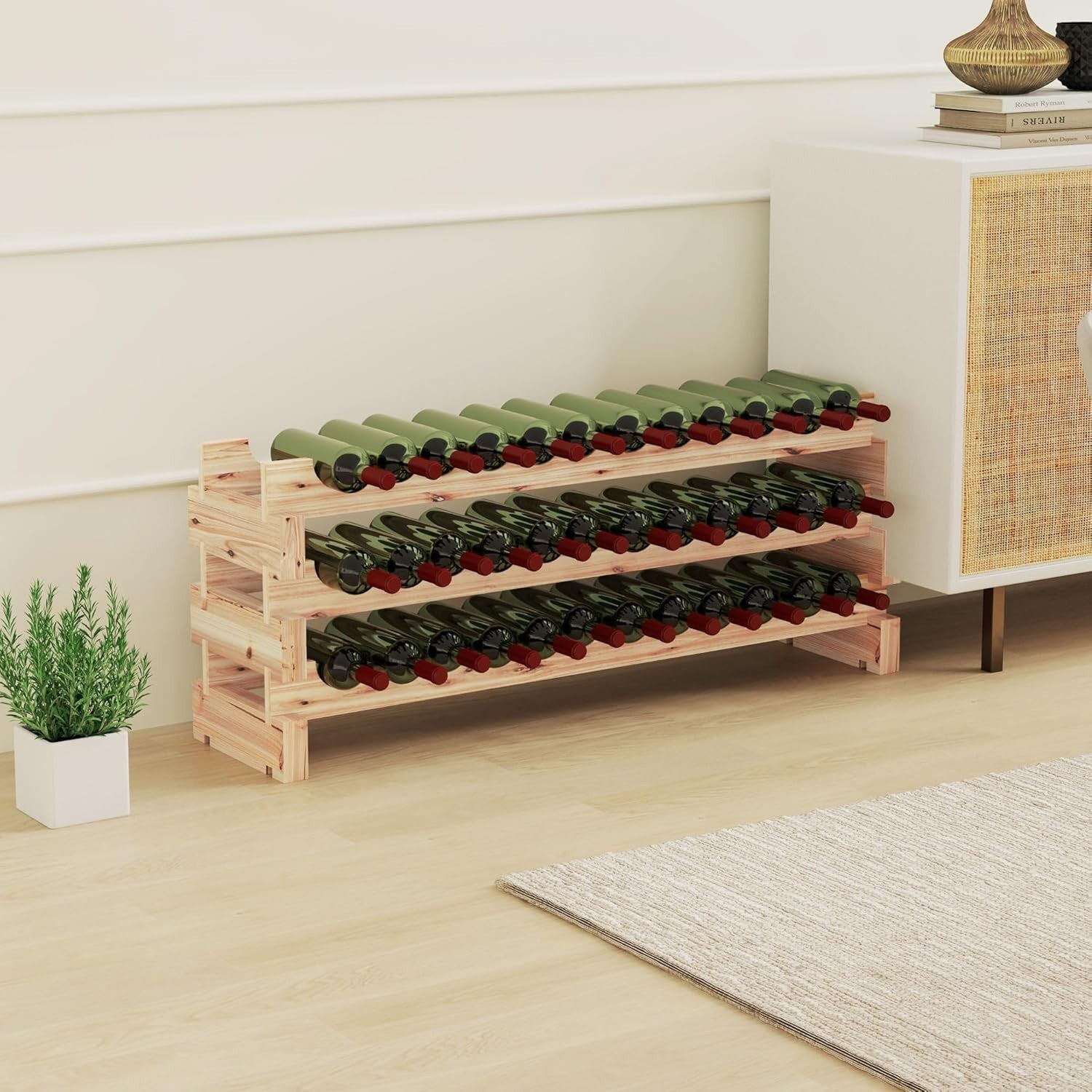 Wooden Wine Rack 3 Tier Shelf for 36 Bottles – Rustic Freestanding Storage Unit