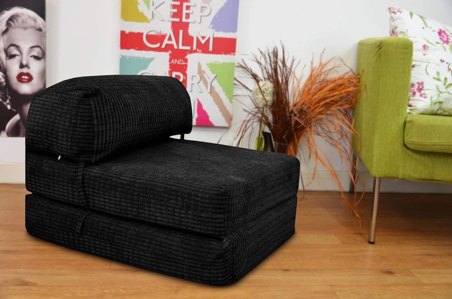 Fold Out Futon Chair Bed Single Sofa Black Corduroy Foam Inners Portable