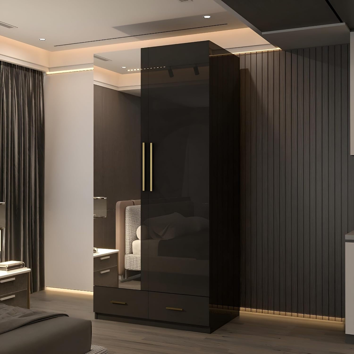 90cm High Gloss Mirrored Wardrobe with Shelves, Drawers & Hanging Rail