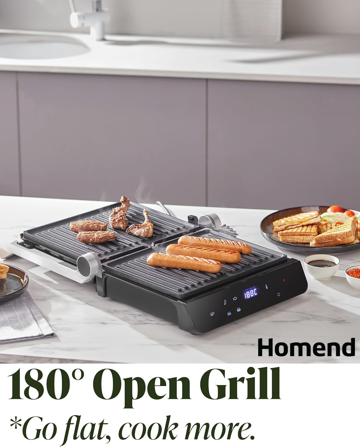 2000W Indoor Electric Grill Press | Non-Stick Plates, LED Timer, 180° Open BBQ