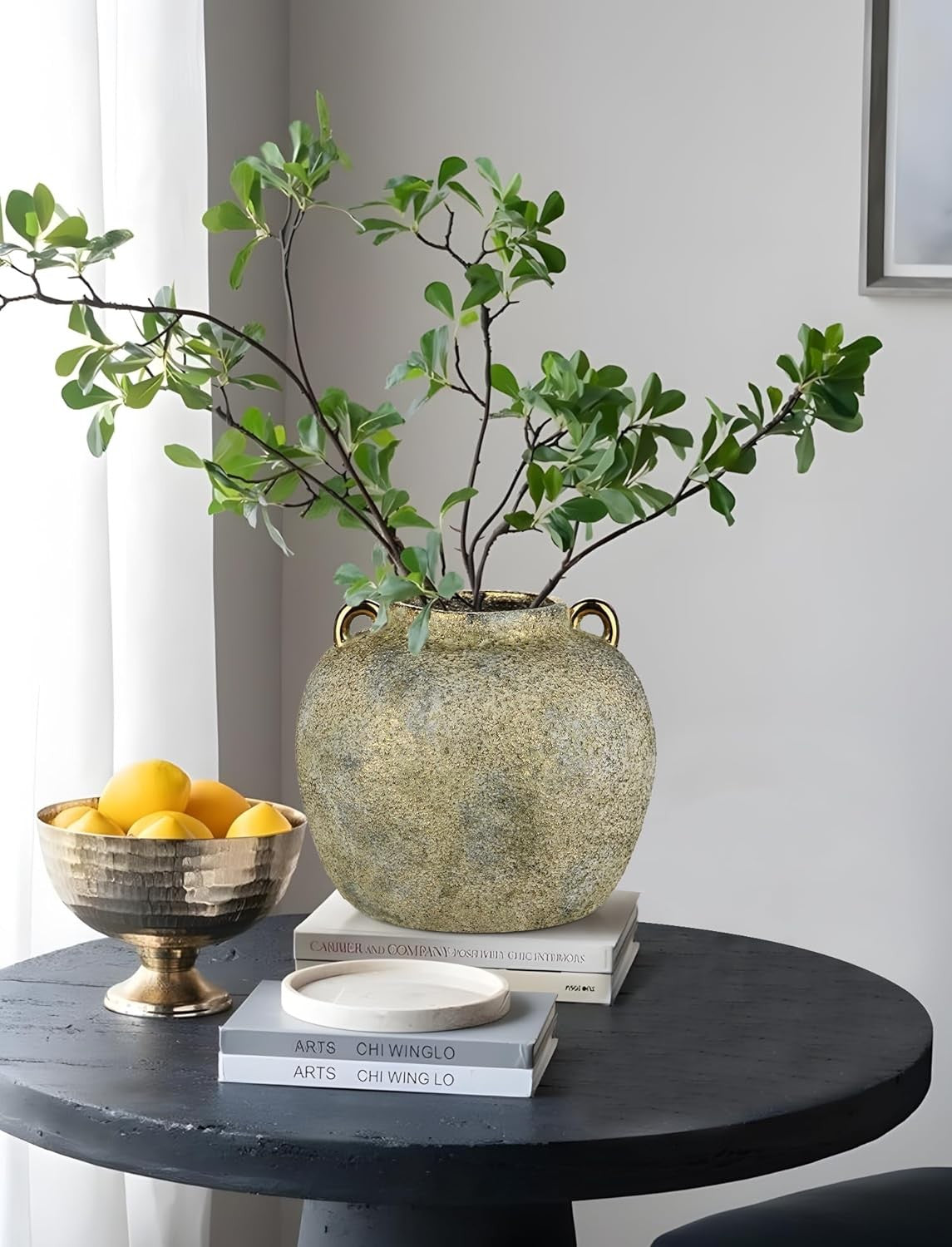 Rustic Gold Ceramic Vase 20cm with Handles Farmhouse Pampas Decor