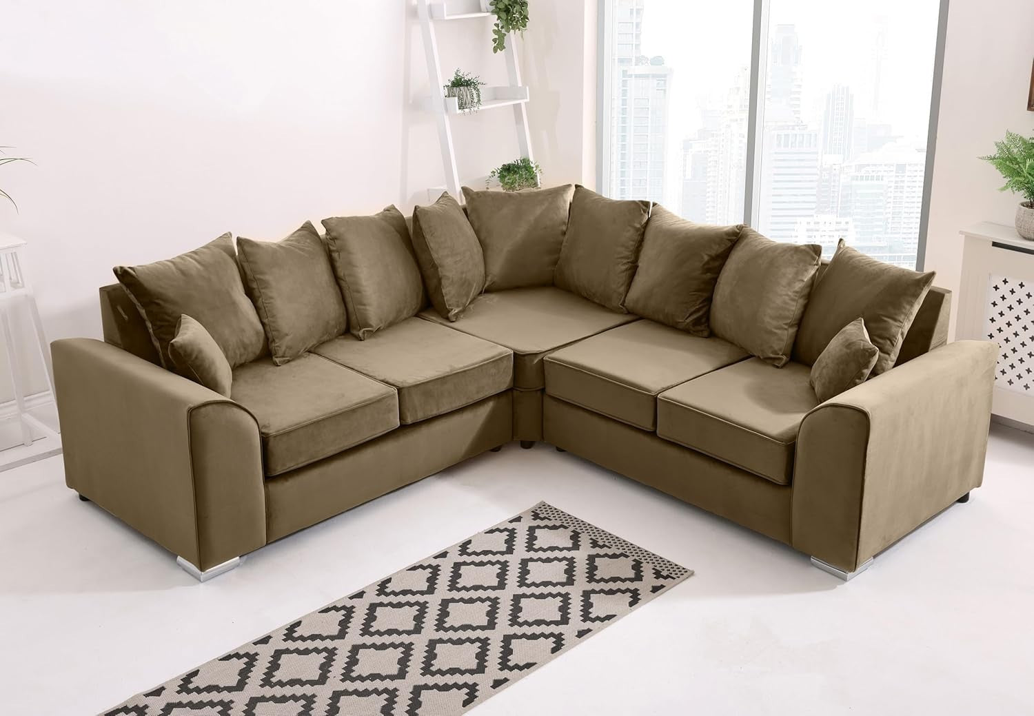 Mink Plush Velvet 5 Seater Corner Sofa – Scatterback Foam Cushions & Chrome Feet