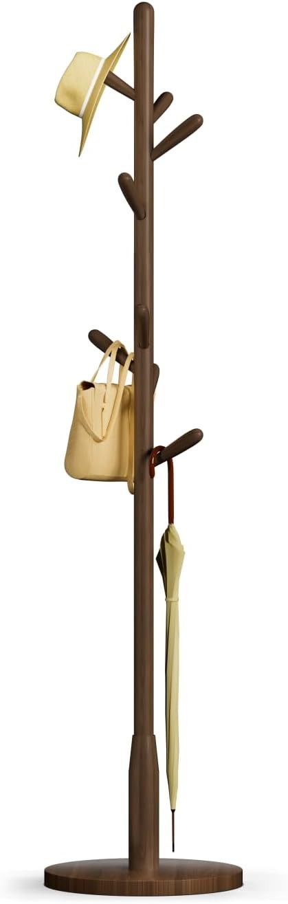 Dark Walnut Wood Coat Rack 8 Hooks Round Base Freestanding Hall Tree