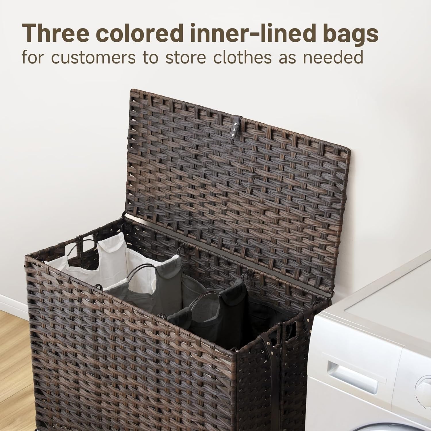 200L Wicker Laundry Hamper on Wheels with Lid | 3 Removable Bags & Side Pocket |