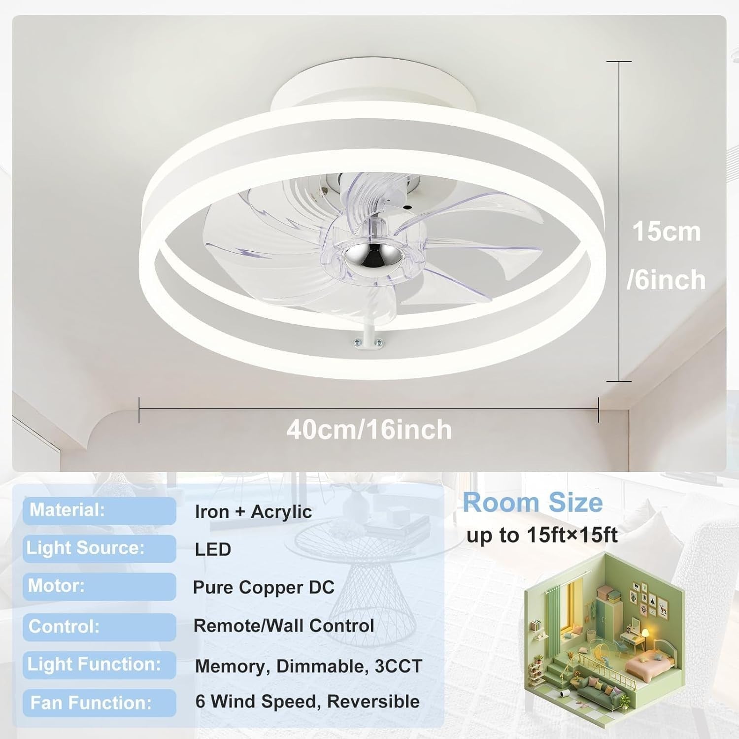 RIYNFO 16" Ceiling Fan, 6 Speeds, Dimmable 3CCT LED, Remote, Reversible