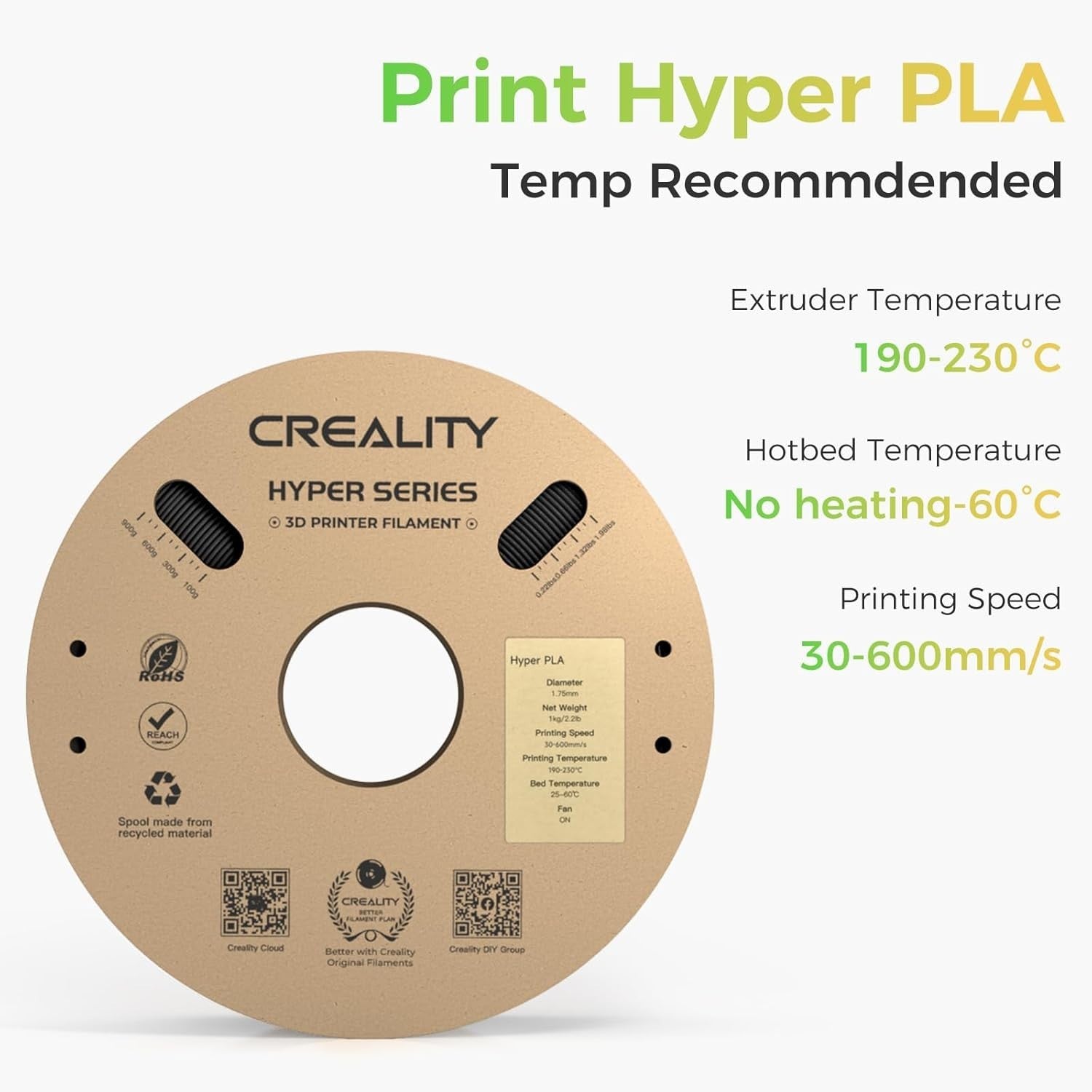 Hyper PLA Filament 4KG High Speed 600mm/s Black 1.75mm ±0.03mm