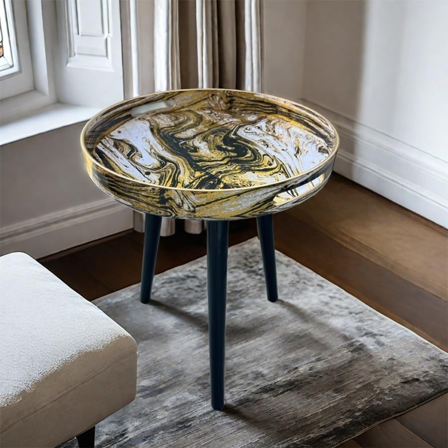 Round Side Table with Detachable Legs – 50x38x38cm Marble Black Gold