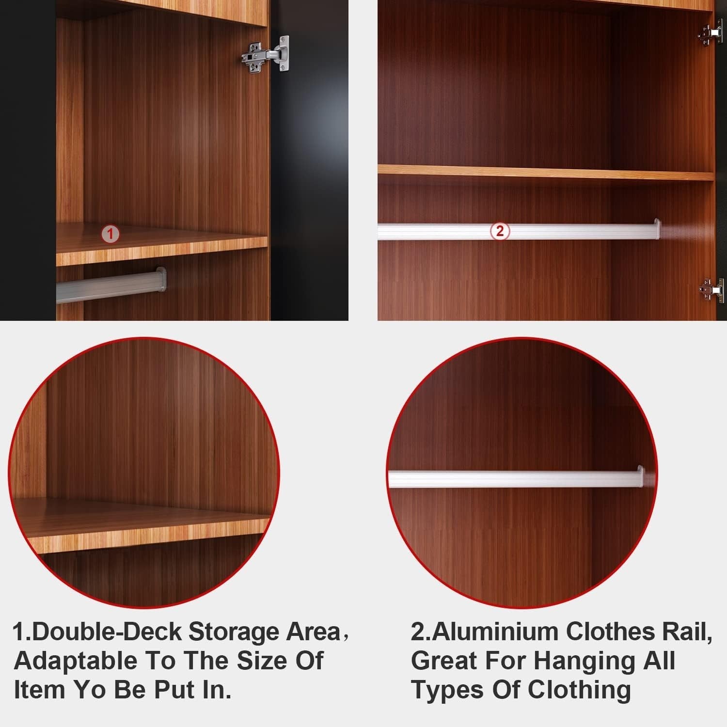 2 Door Mirrored Wardrobe Black/Walnut High Gloss Closet Storage Unit