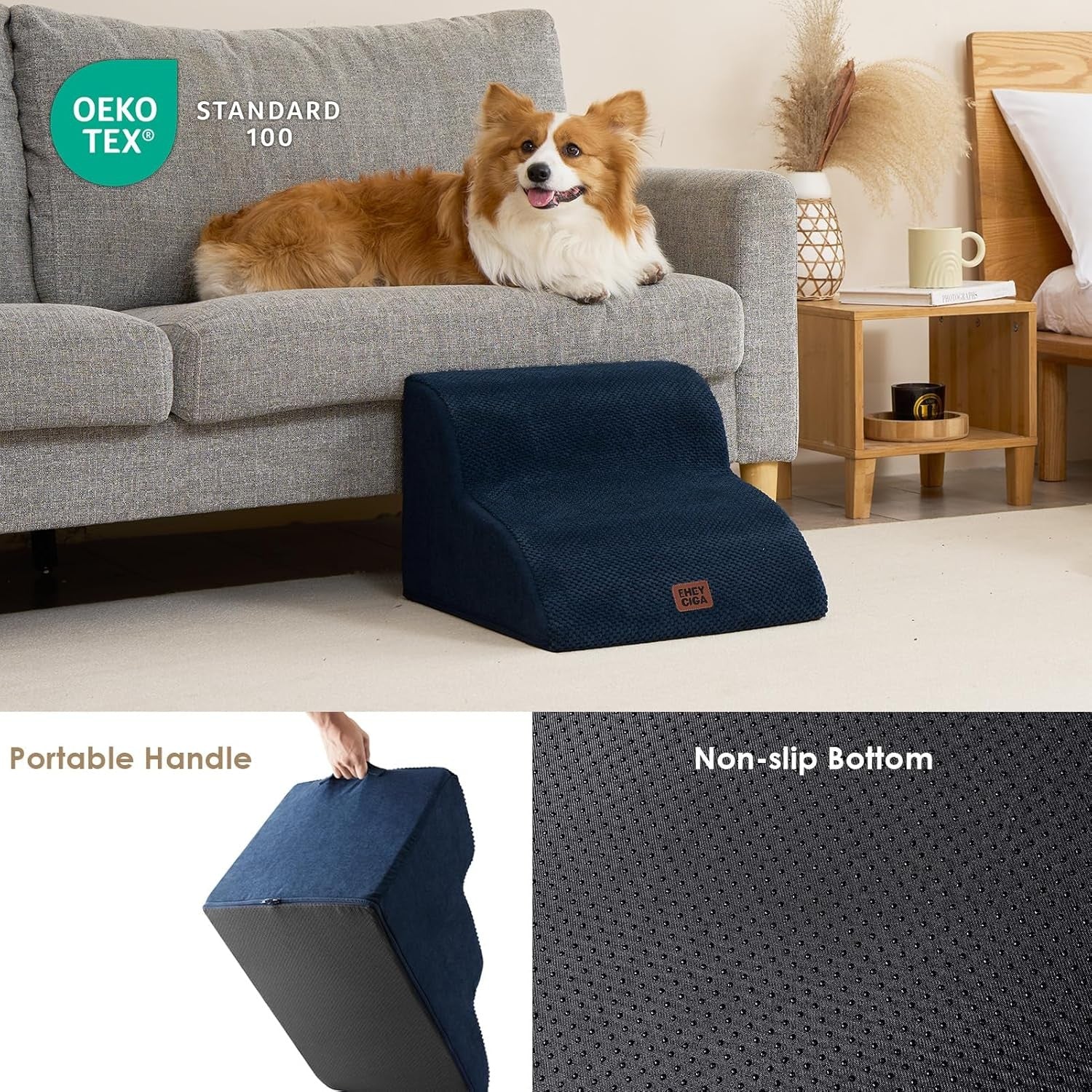 2 Step Dog Stairs for Sofa Non Slip Pet Steps Washable Navy 40x50x30
