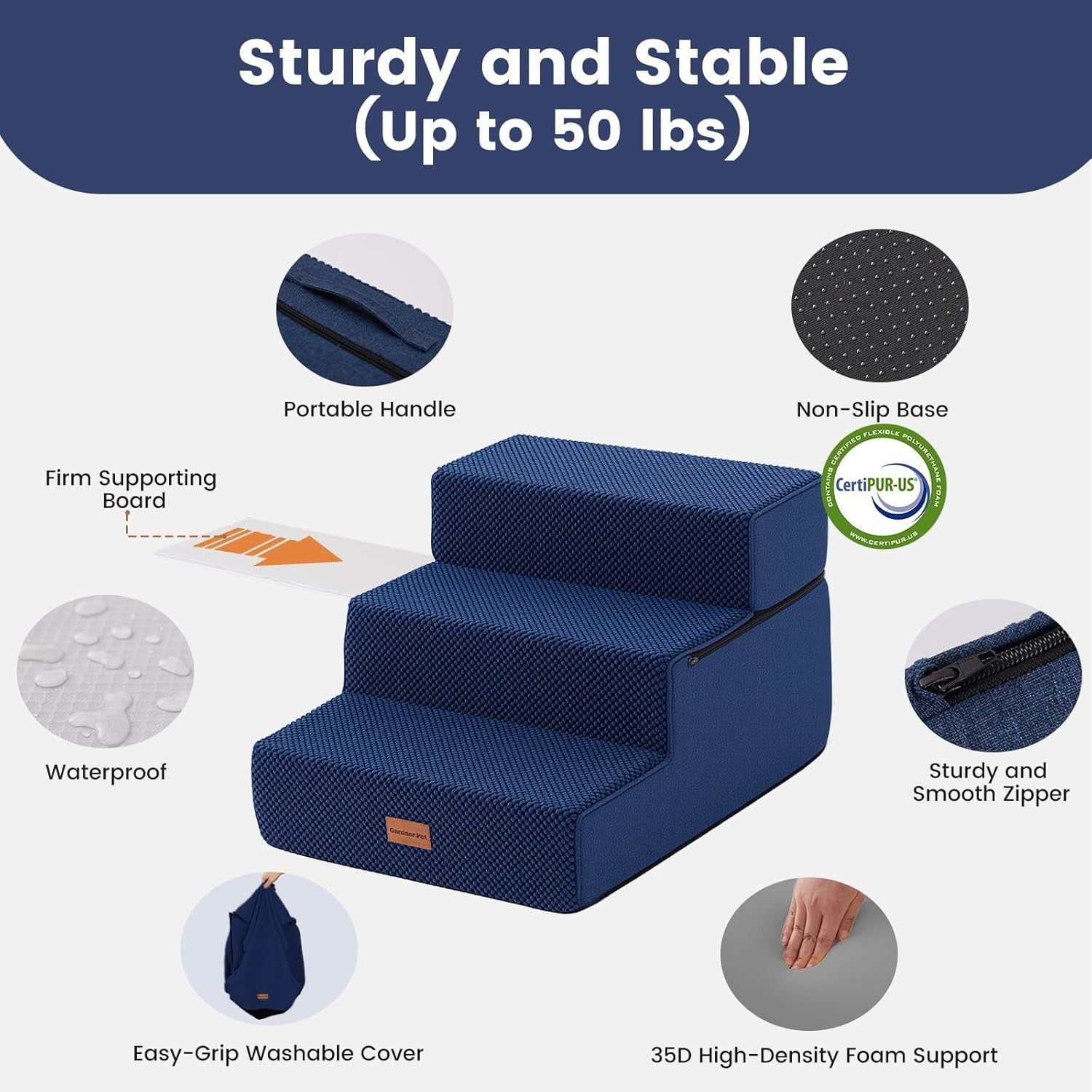 3-Step Extra Wide Dog Stairs for Sofa & Bed Non-Slip Navy 35cm H