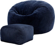 Navy Cord Bean Bag Chair with Footstool Adult Comfy Lounge Seat Set