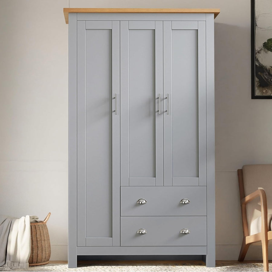 3 Door Grey Wardrobe with Drawers & Rail – Modern Bedroom Storage