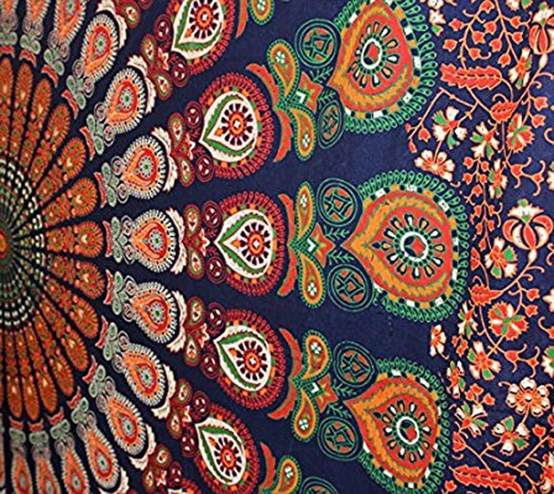 Blue Orange Mandala Tapestry 52x60in Boho Wall Hanging Cotton