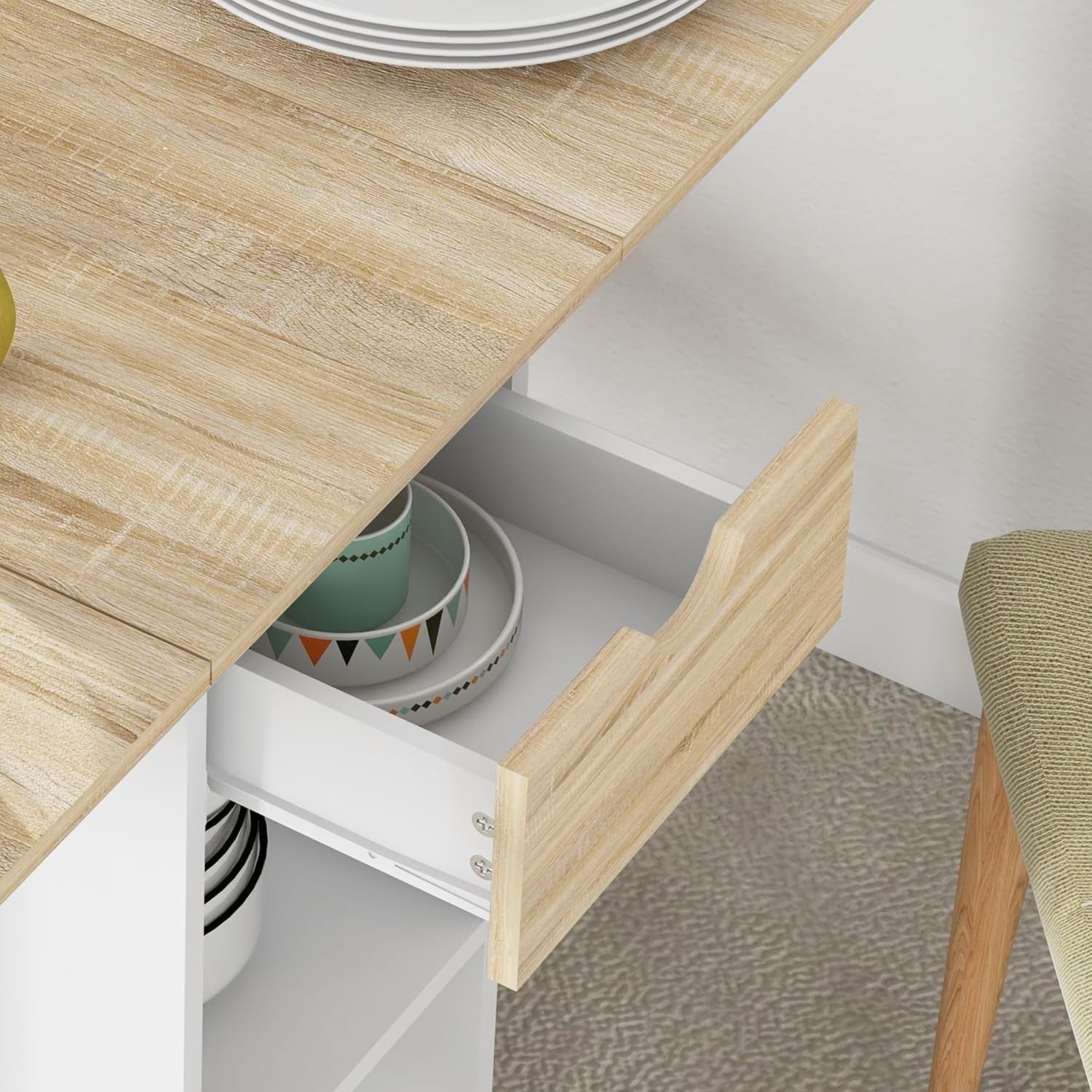 Folding Drop Leaf Dining Table with Drawer Shelves Oak Space Saver
