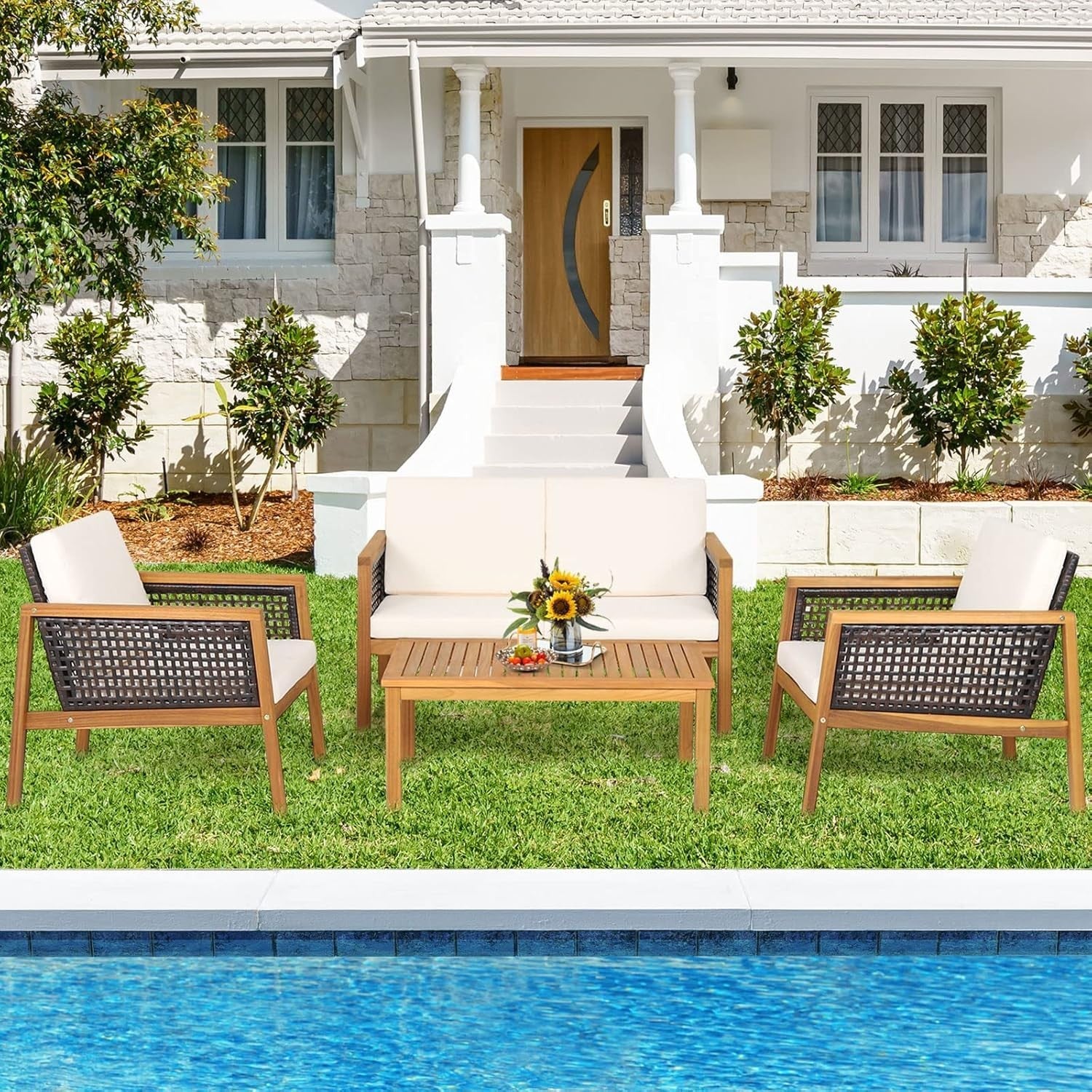 4PC Outdoor Rattan Sofa Set Wooden Patio Lounge Chairs Table Cushioned