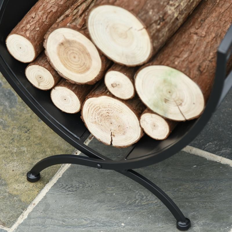 Indoor Outdoor Arced Log Holder Rack – Metal Firewood Storage Stand Black