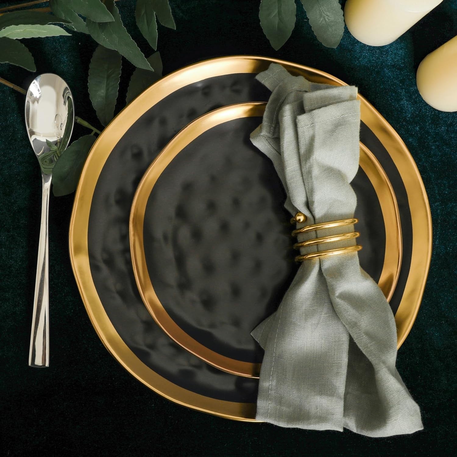 Black Gold Rim Dinnerware Set 16 Piece Porcelain Plates Bowls Service for 4