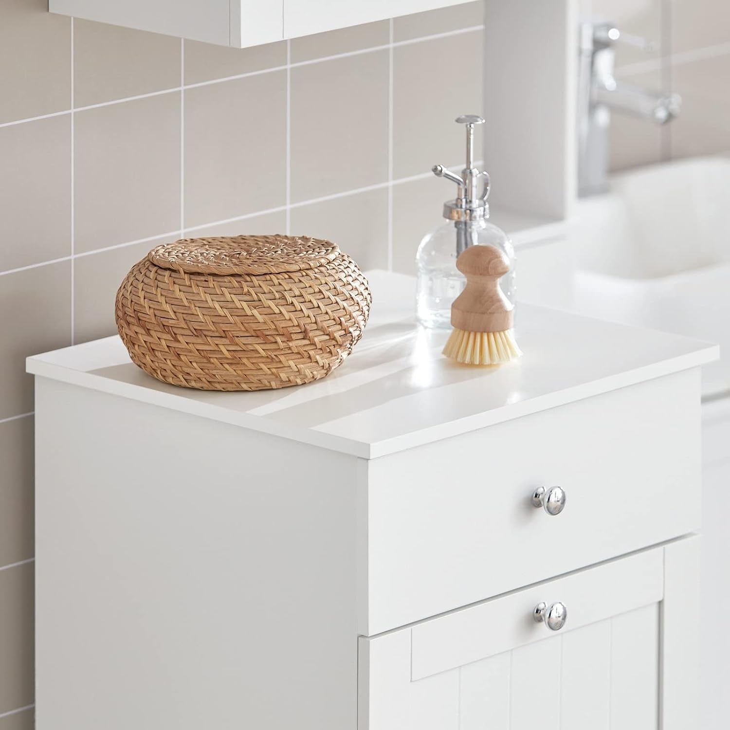 Slim White Bathroom Laundry Cabinet with Tilt Hamper & Drawer 40x90cm Modern