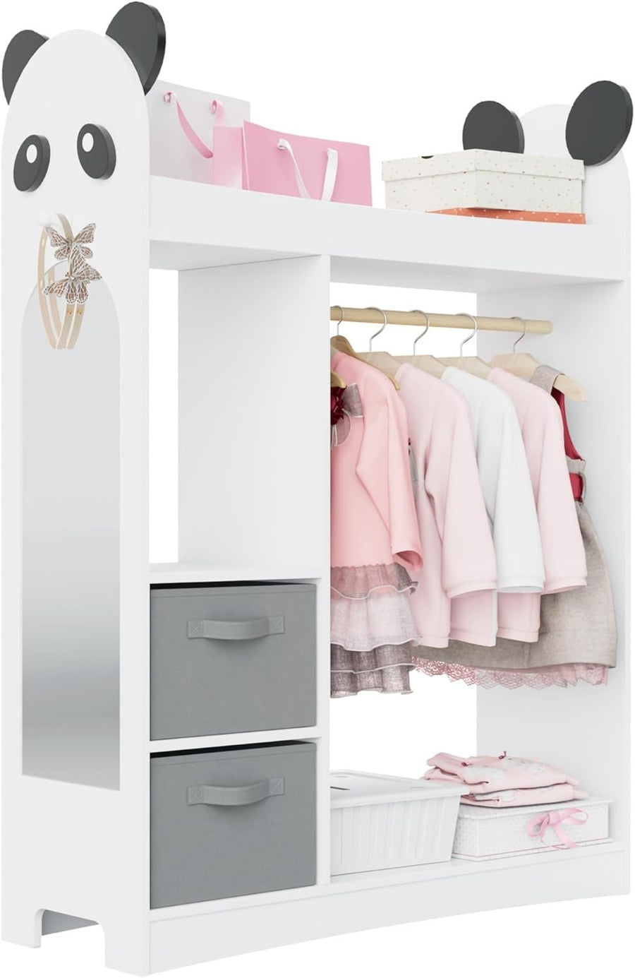 Kids Dress Up Wardrobe with Mirror, Hanging Rail & 2 Drawers for Clothes