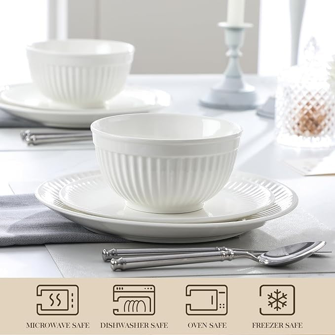 18 Piece White Porcelain Dinner Set for 6 Embossed Plates Bowls Tableware