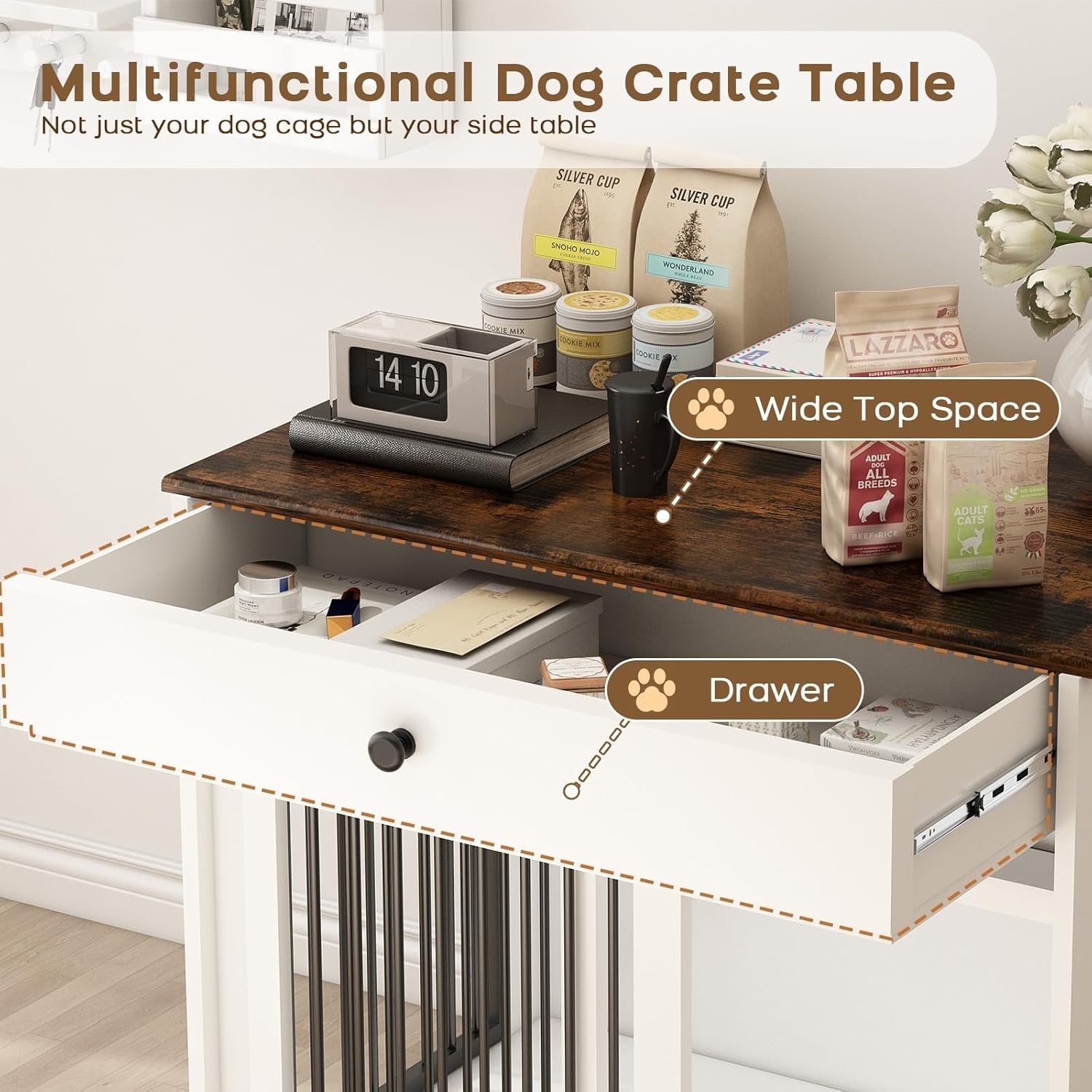 Large Indoor Wooden Dog Crate with Sliding Doors, Drawer & Rotatable Bowls