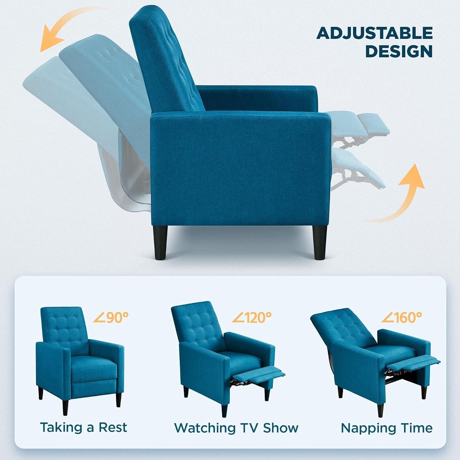 Blue Fabric Recliner Chair Adjustable Padded Seat Sofa Living Room Couch