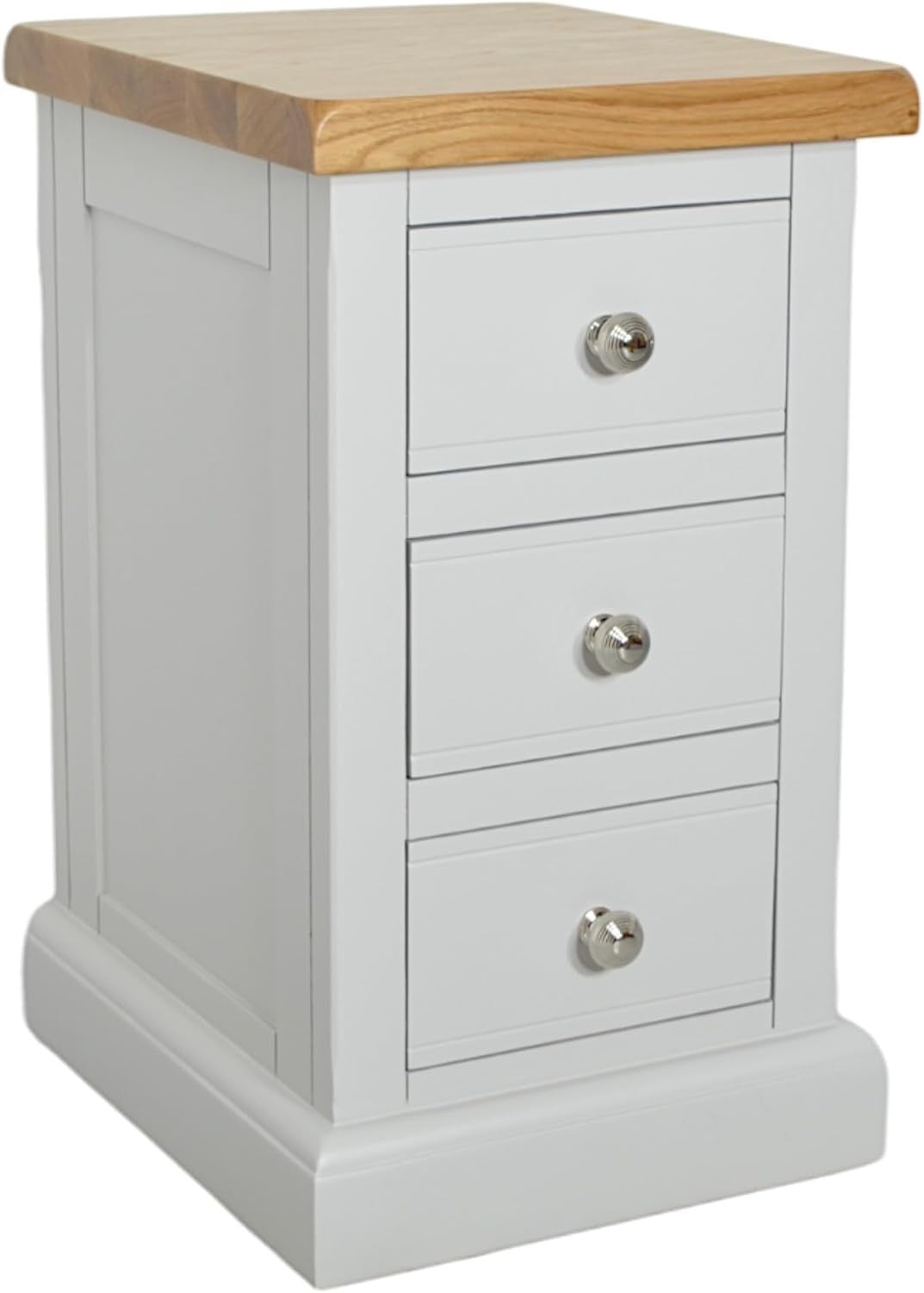 Painted Grey Bedside Table with 3 Drawers – Real Wood Slim Oak Top