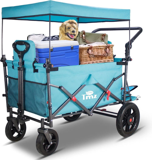 Folding Wagon Trolley Turquoise 120kg Load w/ Canopy 2 Seats Brake Large Storage