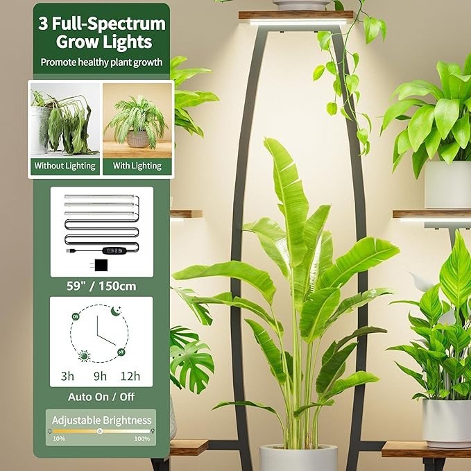 7-Tier Indoor Plant Stand with Grow Lights, Metal Corner Shelf Rack