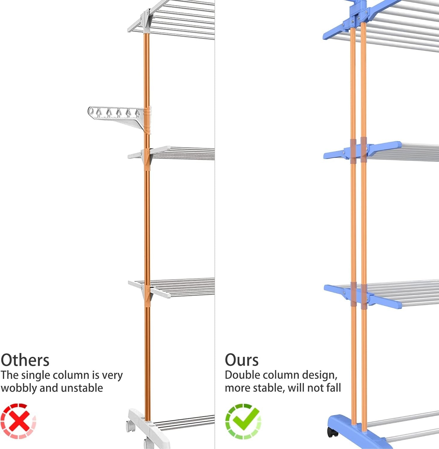 4 Tier Clothes Airer Stainless Steel Foldable Drying Rack with Wheels Blue