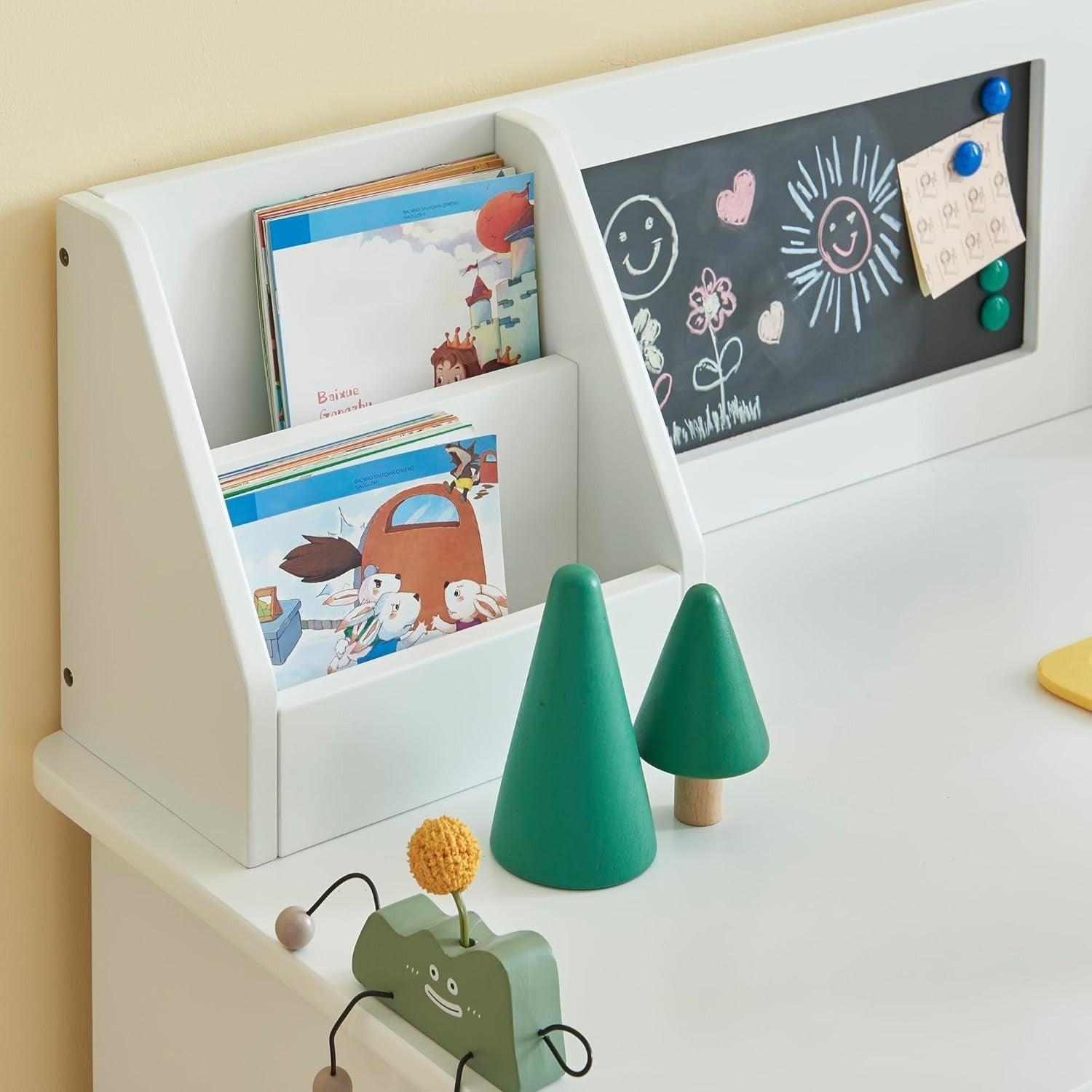 Kids Study Desk & Chair Set with Cork Board – Storage Shelves, White Wood