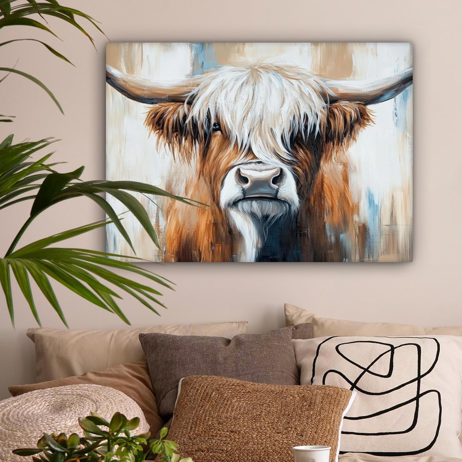 Highland Cow Canvas Wall Art 80x60cm Large Rustic Farm Decor