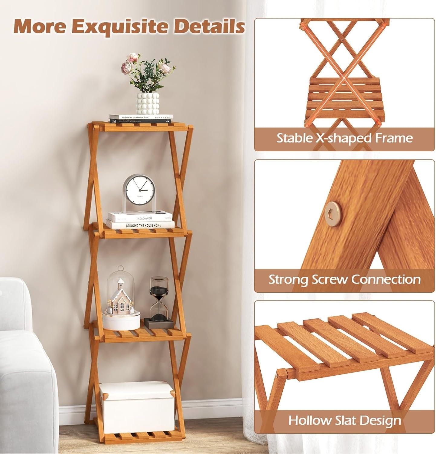 4-Tier Folding Plant Stand Tall Wooden Indoor Outdoor Corner Shelf Rack