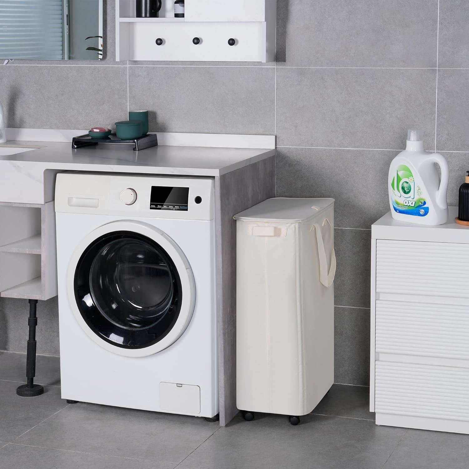 Slim 75L Laundry Hamper with Lid & Wheels – Tall Rolling Clothes Basket for Smal