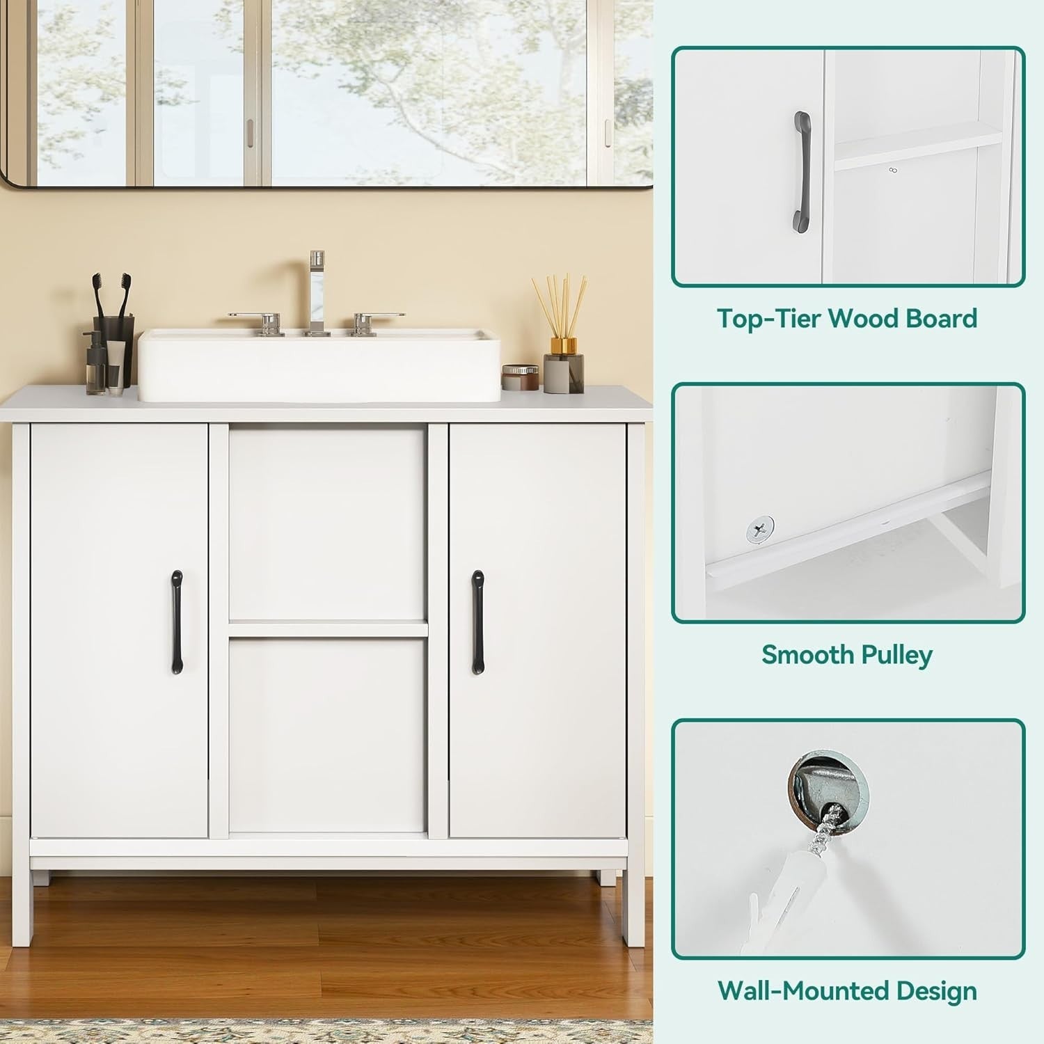 Under Sink Bathroom Cabinet White Storage Unit – 2 Doors, Slim Design, 70x30x60