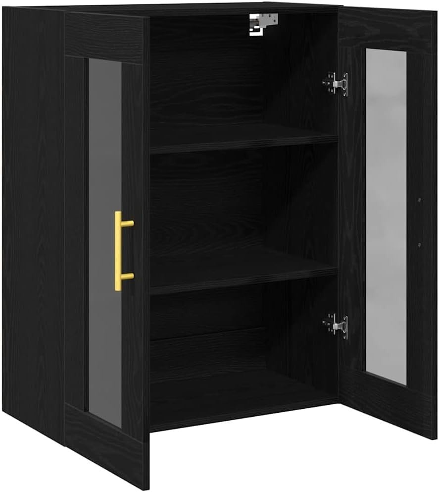Modern Black Oak Wall-Mounted Cabinet with Glass Shelves & Gold Handles