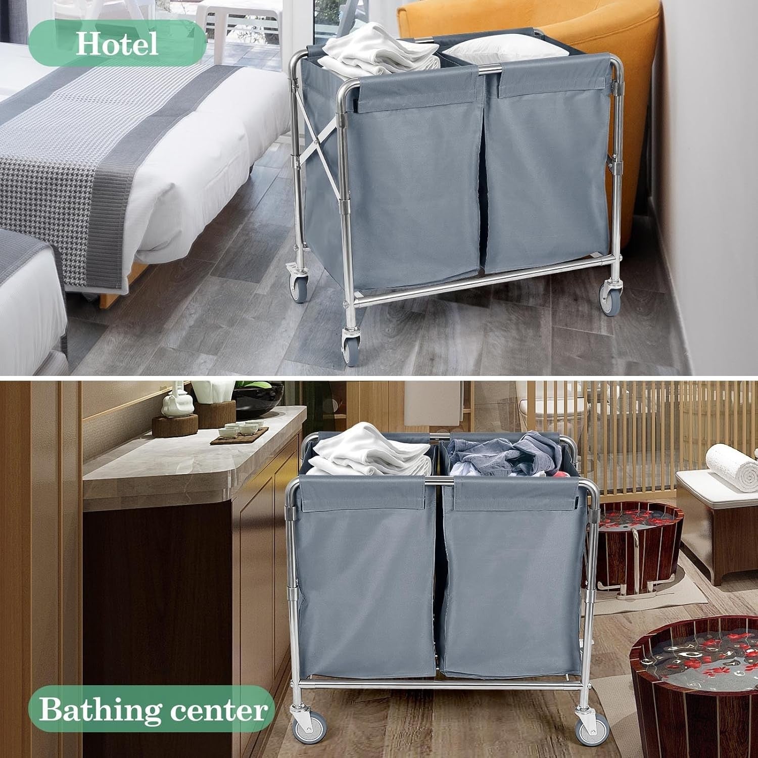 300L Heavy Duty 2-Section Laundry Trolley on Wheels | Commercial Folding Laundry