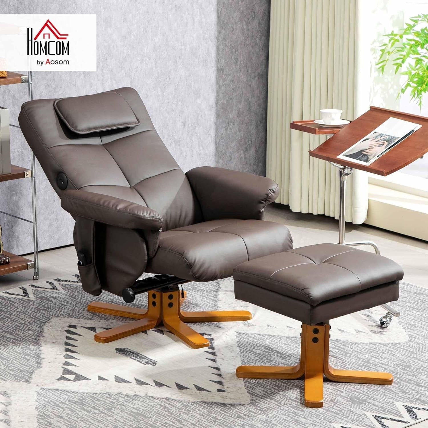 Massage Recliner Chair w/ Footstool Heat USB Storage Faux Leather Brown