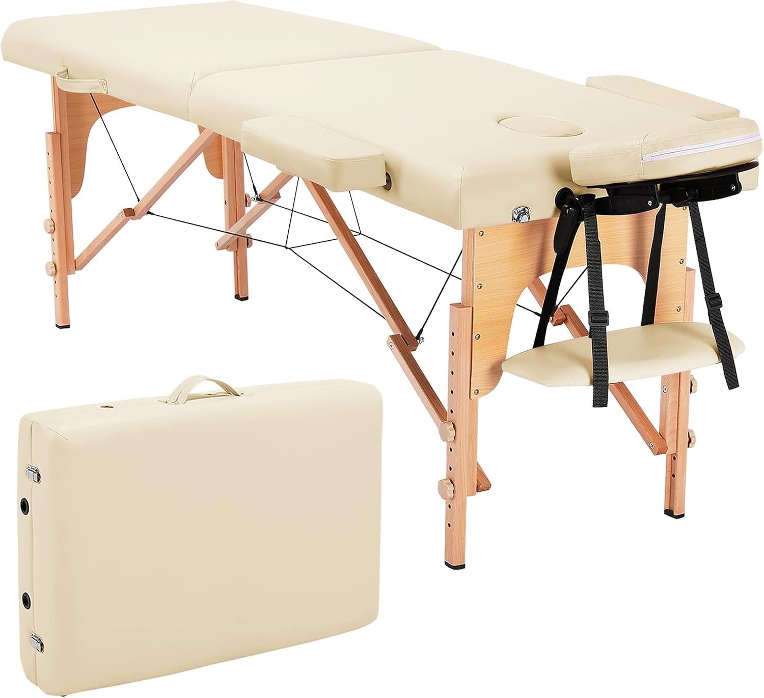 Portable Wood Massage Table Folding 2-Section Beauty Lash Bed Cream 60cm Width