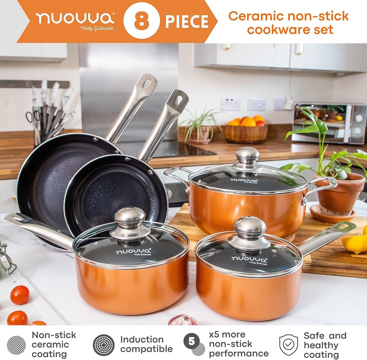 8pcs Copper Non Stick Cookware Set with Lids – Induction & Gas Safe Pots