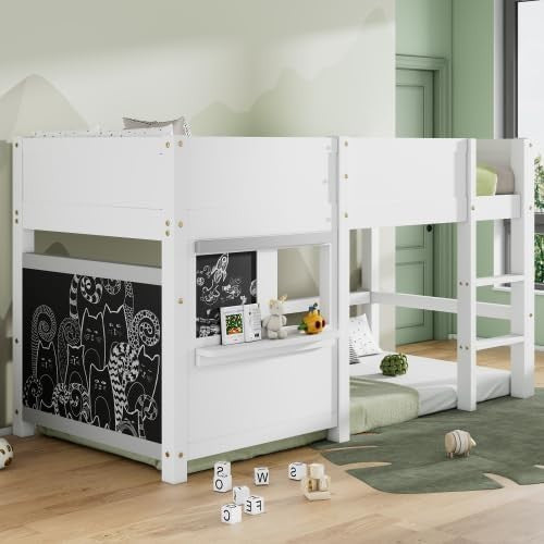 White Wooden Kids Bunk Bed with Ladder, Shelves & Safety Fence 90x190cm