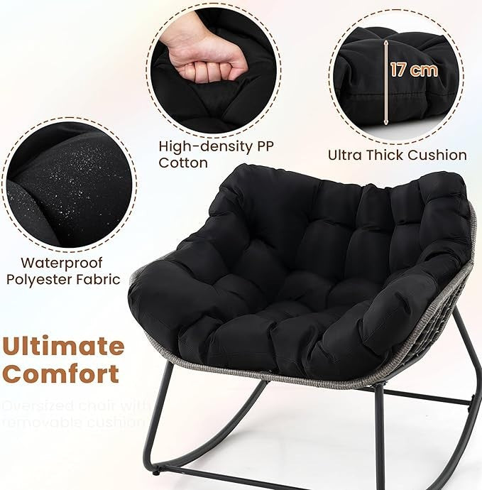 Luxury Rattan Rocking Chair – Thick Cushion, 150kg, Indoor Outdoor Use