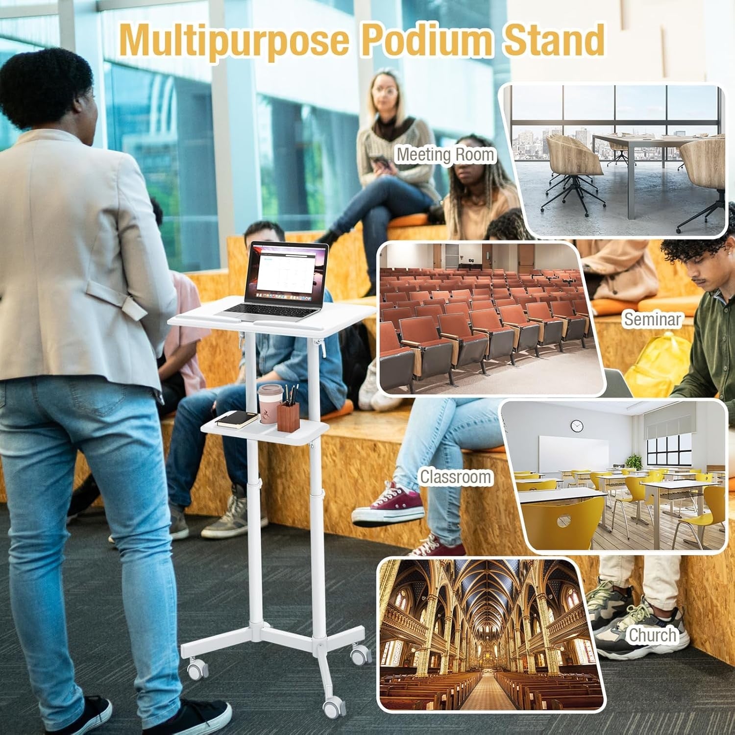 Mobile Lectern Height Adjustable Standing Podium Desk with Wheels Storage Shelf